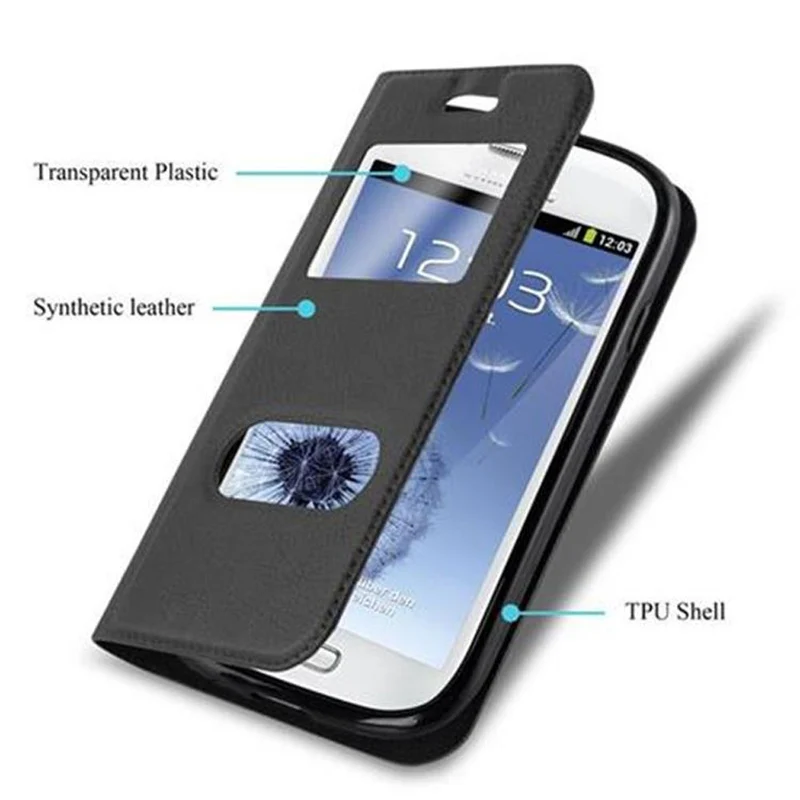 Cadorabo Hülle kompatibel mit Samsung Galaxy S3 MINI Schutzhülle mit Magnetverschluss, Standfunktion und 2 Sichtfenstern