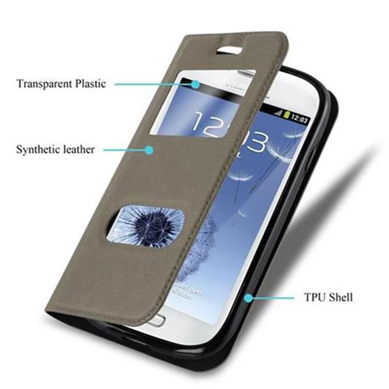Cadorabo Hülle kompatibel mit Samsung Galaxy S3 MINI Schutzhülle mit Magnetverschluss, Standfunktion und 2 Sichtfenstern