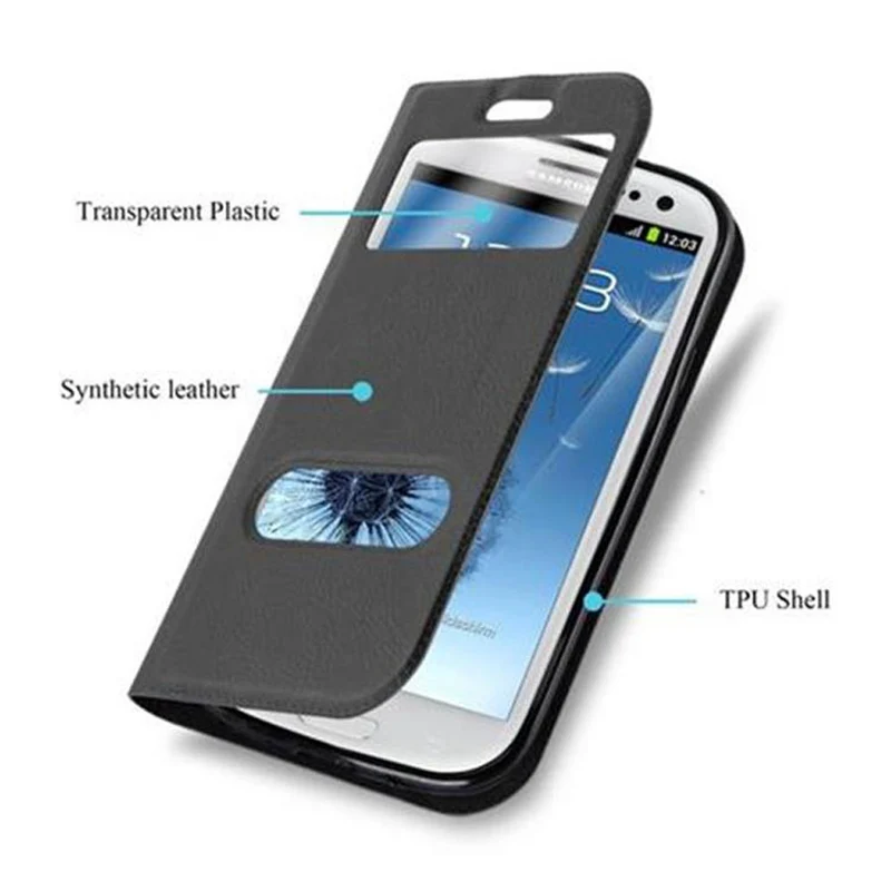 Cadorabo Hülle kompatibel mit Samsung Galaxy S3 / S3 NEO Schutzhülle mit Magnetverschluss, Standfunktion und 2 Sichtfenstern