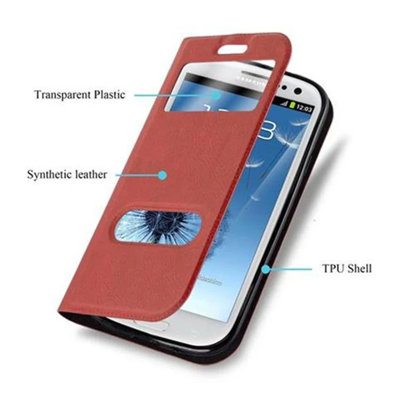 Cadorabo Hülle kompatibel mit Samsung Galaxy S3 / S3 NEO Schutzhülle mit Magnetverschluss, Standfunktion und 2 Sichtfenstern