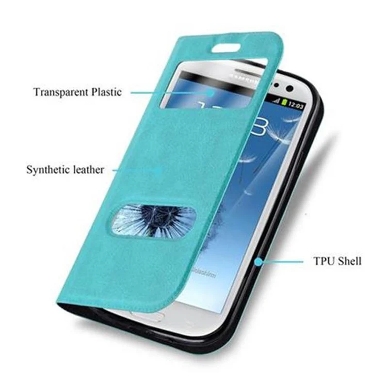 Cadorabo Hülle kompatibel mit Samsung Galaxy S3 / S3 NEO Schutzhülle mit Magnetverschluss, Standfunktion und 2 Sichtfenstern
