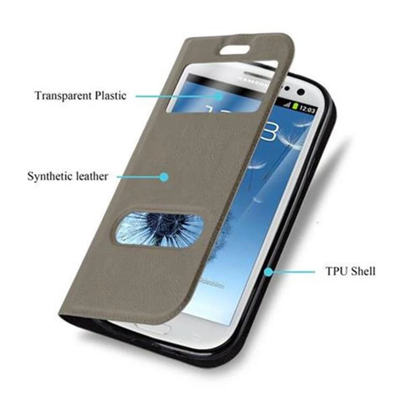 Cadorabo Hülle kompatibel mit Samsung Galaxy S3 / S3 NEO Schutzhülle mit Magnetverschluss, Standfunktion und 2 Sichtfenstern
