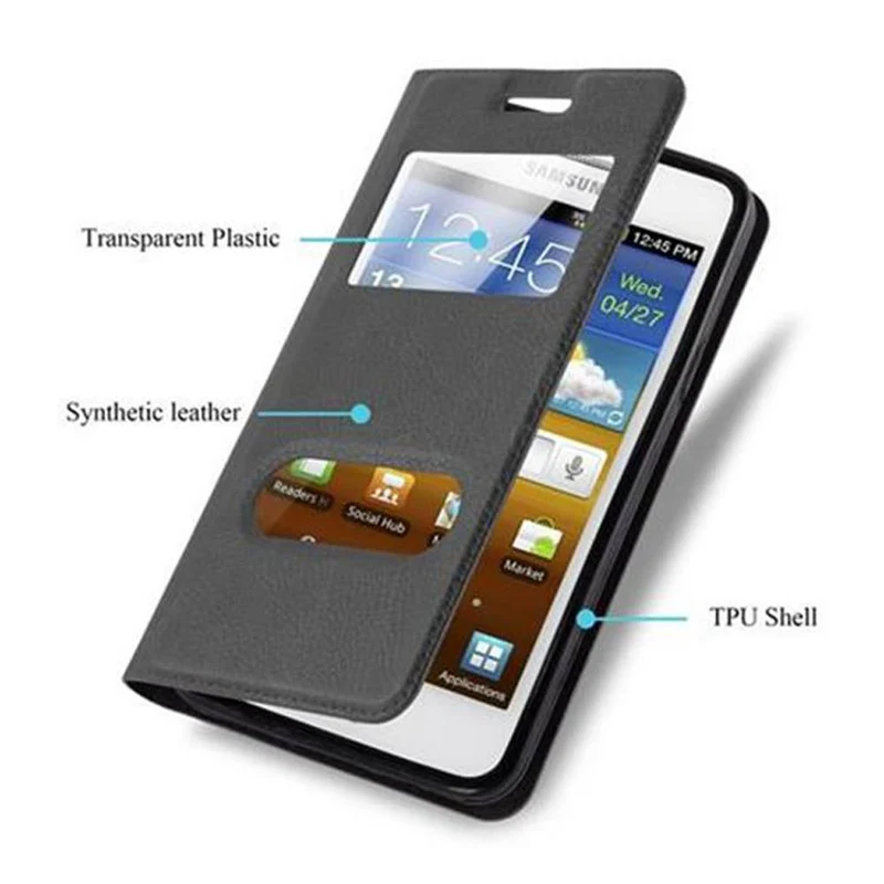 Cadorabo Hülle kompatibel mit Samsung Galaxy S2 / S2 PLUS Schutzhülle mit Magnetverschluss, Standfunktion und 2 Sichtfenstern