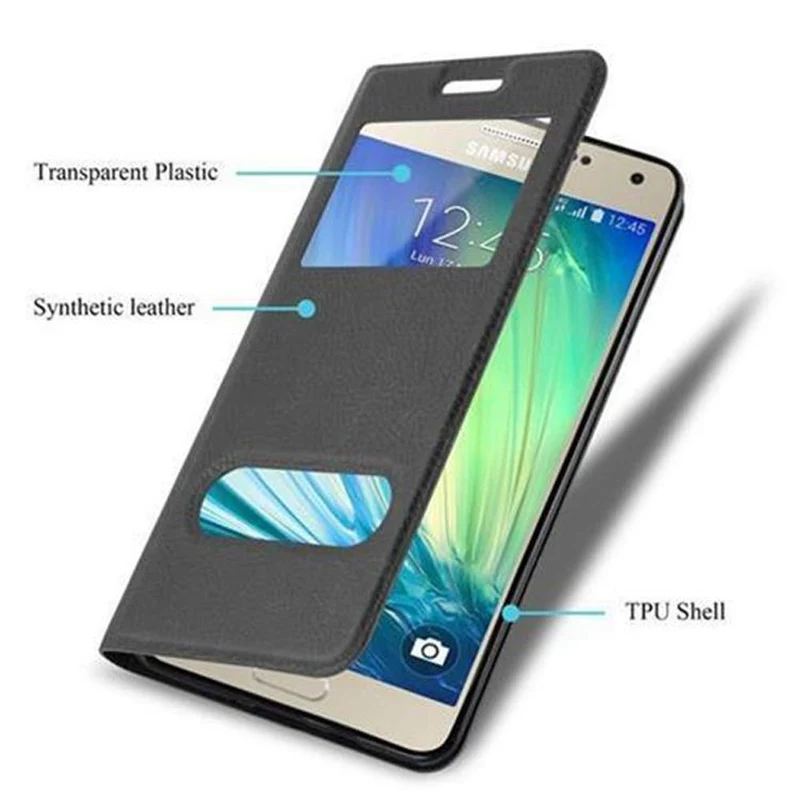 Cadorabo Hülle kompatibel mit Samsung Galaxy A5 2015 Schutzhülle mit Magnetverschluss, Standfunktion und 2 Sichtfenstern