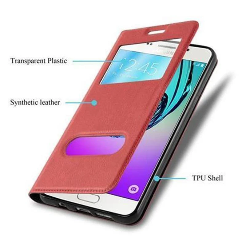 Cadorabo Hülle kompatibel mit Samsung Galaxy A3 2016 Schutzhülle mit Magnetverschluss, Standfunktion und 2 Sichtfenstern