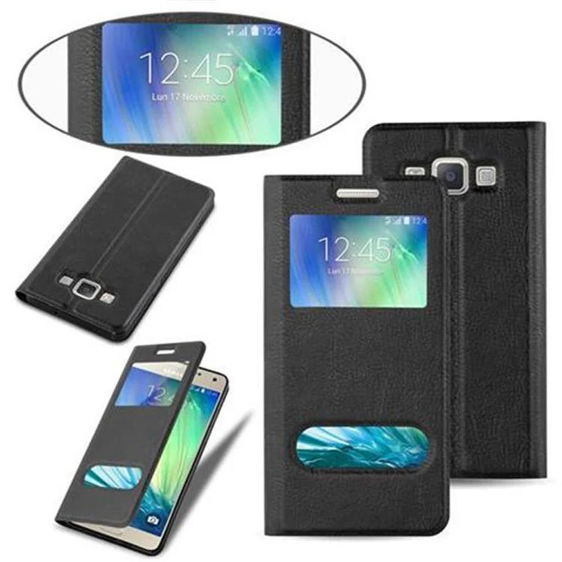 Cadorabo Hülle kompatibel mit Samsung Galaxy A3 2015 Schutzhülle mit Magnetverschluss, Standfunktion und 2 Sichtfenstern