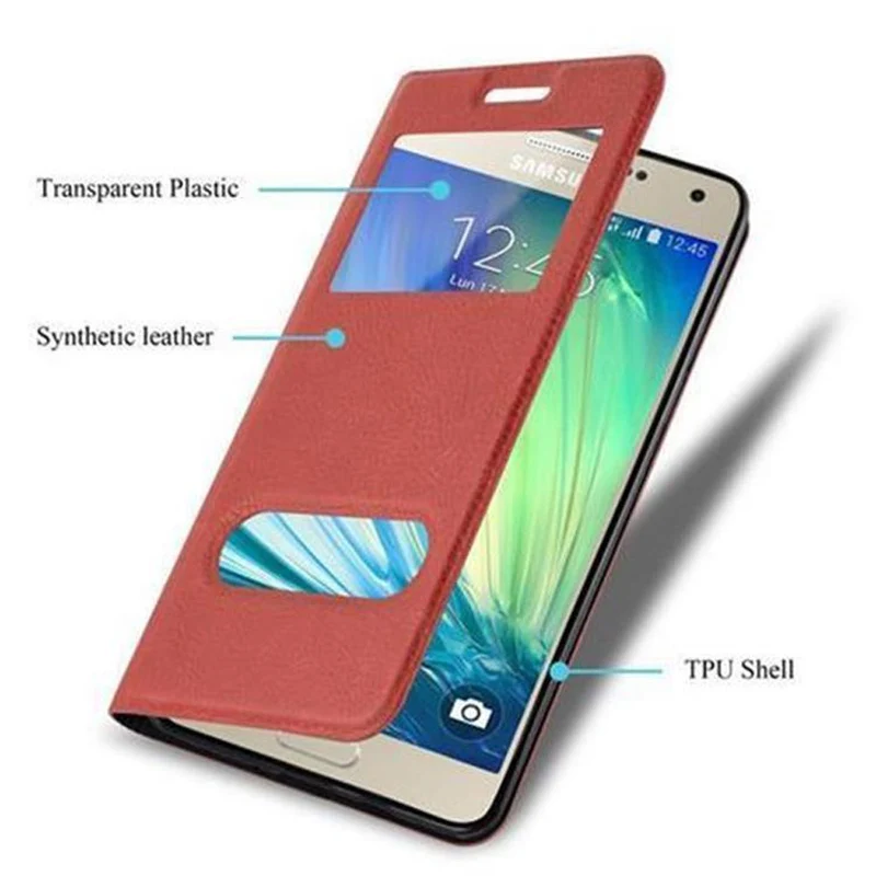 Cadorabo Hülle kompatibel mit Samsung Galaxy A3 2015 Schutzhülle mit Magnetverschluss, Standfunktion und 2 Sichtfenstern
