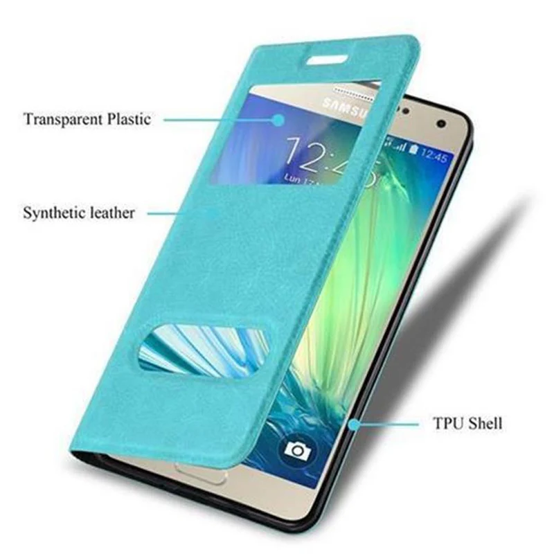 Cadorabo Hülle kompatibel mit Samsung Galaxy A3 2015 Schutzhülle mit Magnetverschluss, Standfunktion und 2 Sichtfenstern
