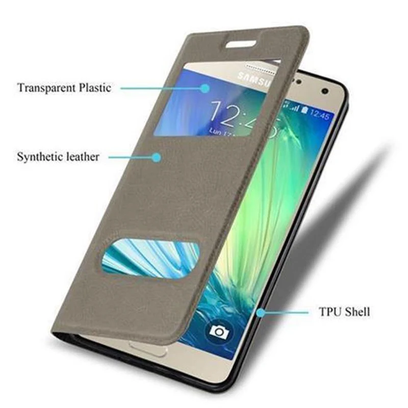 Cadorabo Hülle kompatibel mit Samsung Galaxy A3 2015 Schutzhülle mit Magnetverschluss, Standfunktion und 2 Sichtfenstern