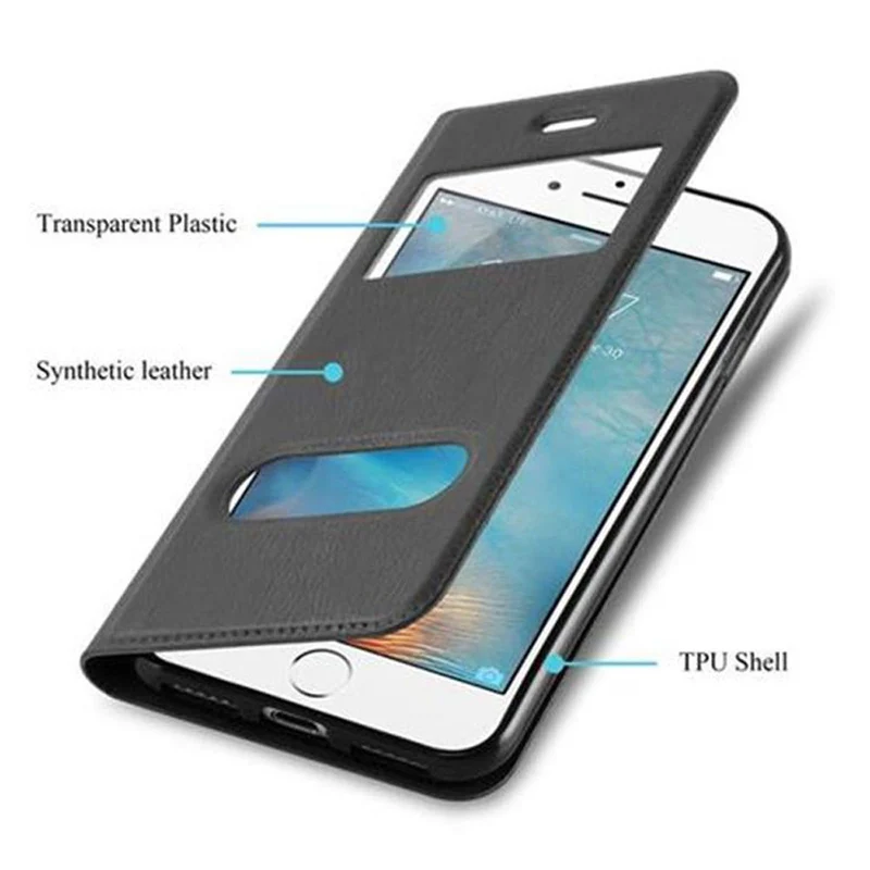 Cadorabo Hülle kompatibel mit Apple iPhone 7 PLUS / 7S PLUS / 8 PLUS Schutzhülle mit Magnetverschluss, Standfunktion und 2 Sichtfenstern