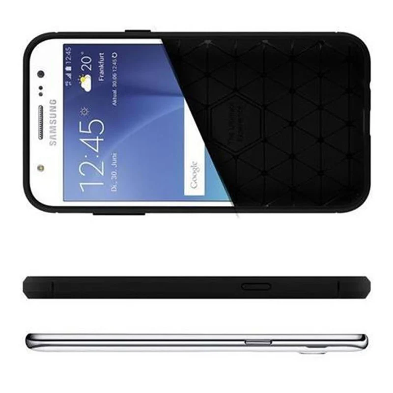 Cadorabo Hülle für Samsung Galaxy J7 2015 Schutzhülle aus flexiblem TPU Silikon in Edelstahl-Karbonfaser Optik