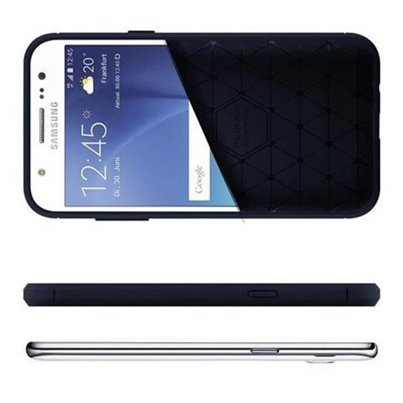 Cadorabo Hülle für Samsung Galaxy J7 2015 Schutzhülle aus flexiblem TPU Silikon in Edelstahl-Karbonfaser Optik