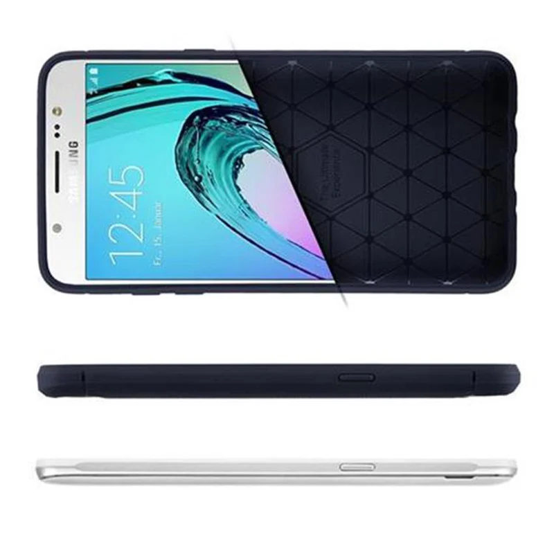 Cadorabo Hülle für Samsung Galaxy J5 2015 Schutzhülle aus flexiblem TPU Silikon in Edelstahl-Karbonfaser Optik