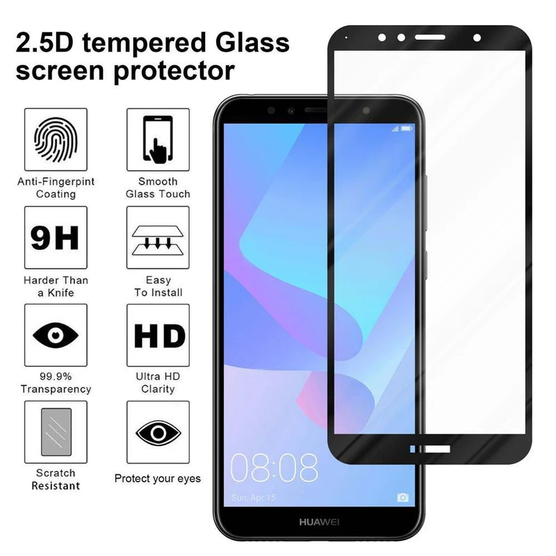 Cadorabo Vollbild Panzer Folie kompatibel mit Huawei Y6 PRIME - Schutzfolie Gehärtetes (Tempered) Display-Schutzglas in 9H Härte mit 3D Touch