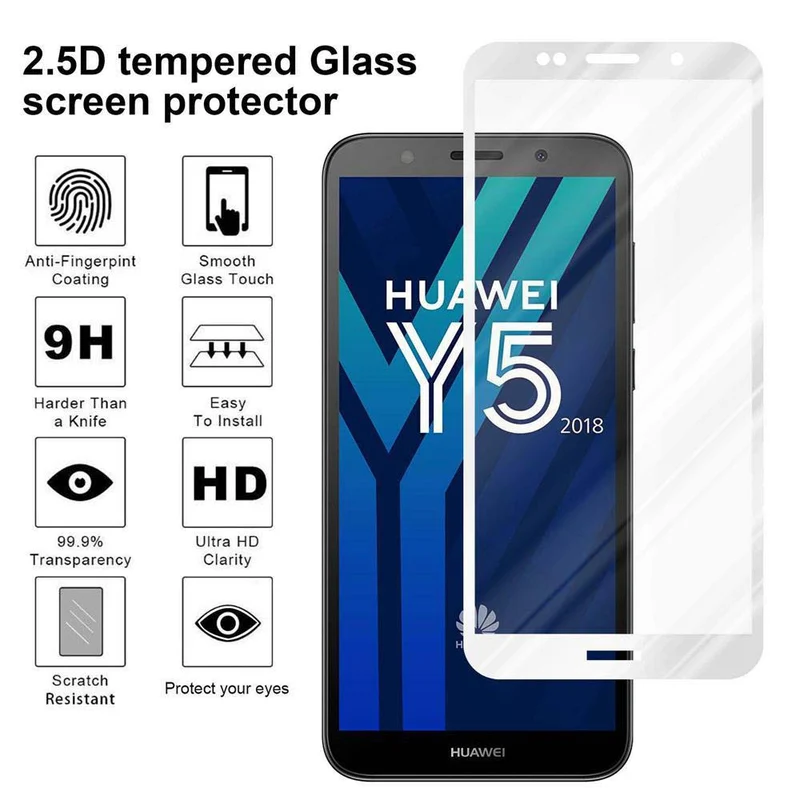 Cadorabo Vollbild Panzer Folie kompatibel mit Huawei Y5 PRIME 2018 / Y5 2018 - Schutzfolie Gehärtetes (Tempered) Display-Schutzglas in 9H Härte mit 3D Touch
