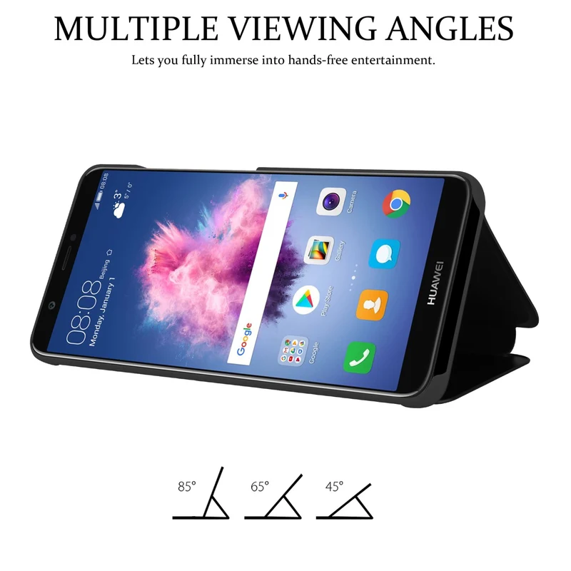 Cadorabo Hülle kompatibel mit Huawei P SMART 2018 / Enjoy 7S Clear View Spiegel Schutzhülle mit Standfunktion 360 Grad Schutz