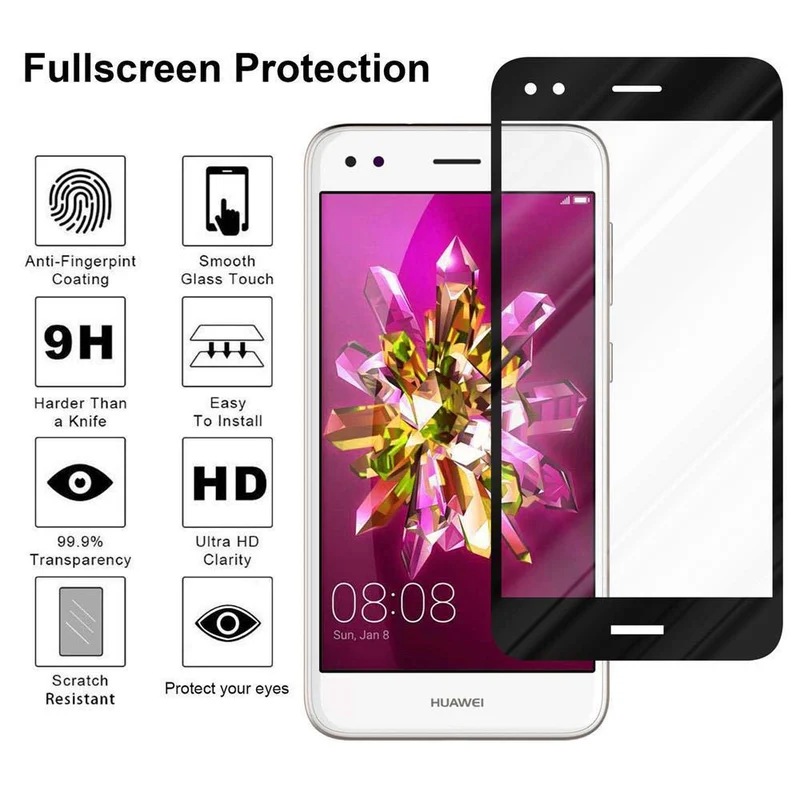 Cadorabo Vollbild Panzer Folie kompatibel mit Huawei Enjoy 7 - Schutzfolie Gehärtetes (Tempered) Display-Schutzglas in 9H Härte mit 3D Touch