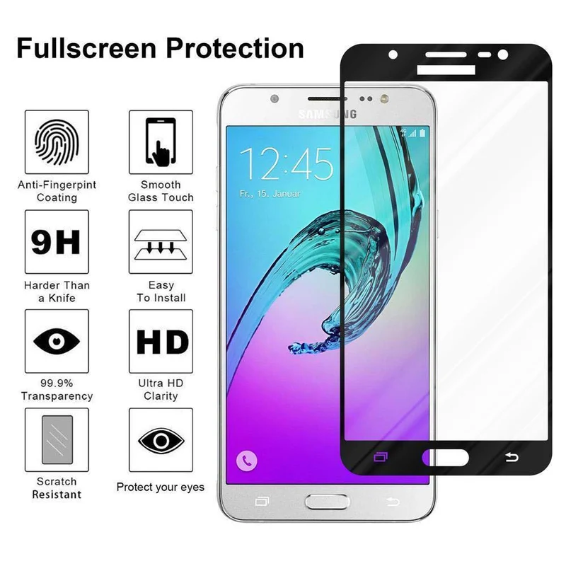 Cadorabo Vollbild Panzer Folie kompatibel mit Samsung Galaxy J7 2016 - Schutzfolie Gehärtetes (Tempered) Display-Schutzglas in 9H Härte mit 3D Touch