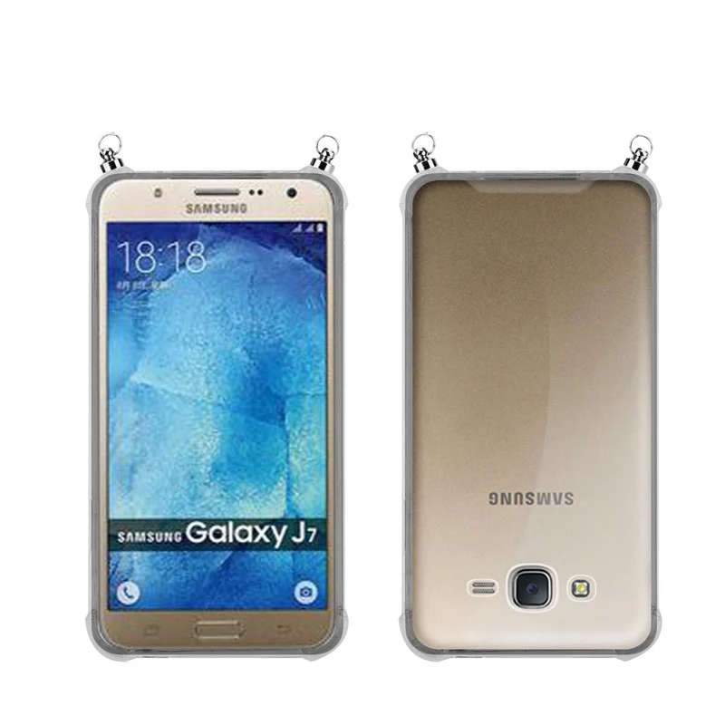 Silikon Hülle Handykette kompatibel mit Samsung Galaxy J7 2015 mit silbernen Ringen
