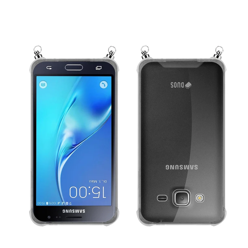 Silikon Hülle Handykette kompatibel mit Samsung Galaxy J3 2016 mit silbernen Ringen