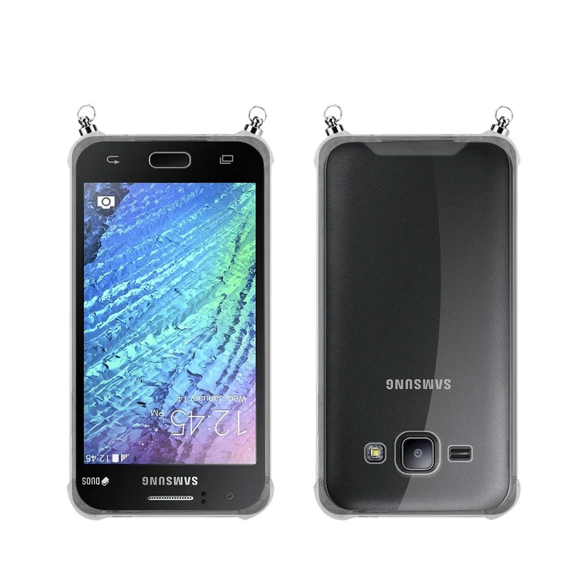 Silikon Hülle Handykette kompatibel mit Samsung Galaxy J1 2015 mit silbernen Ringen