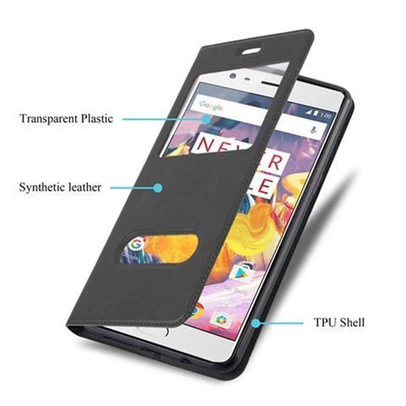 Cadorabo Hülle kompatibel mit OnePlus 3 / 3T Schutzhülle mit Magnetverschluss, Standfunktion und 2 Sichtfenstern