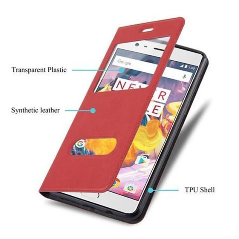 Cadorabo Hülle kompatibel mit OnePlus 3 / 3T Schutzhülle mit Magnetverschluss, Standfunktion und 2 Sichtfenstern