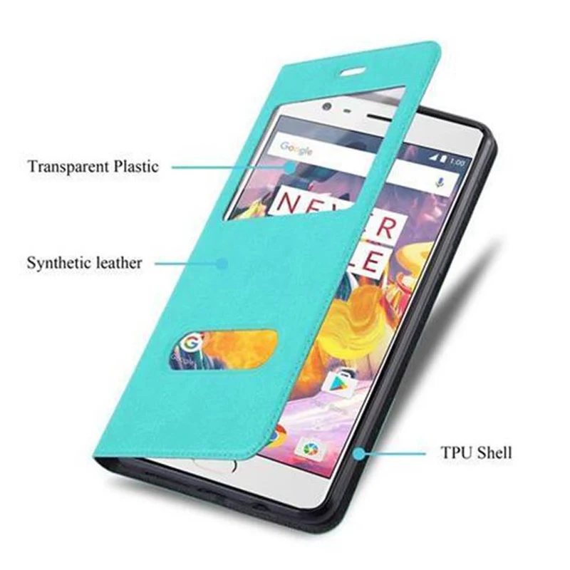 Cadorabo Hülle kompatibel mit OnePlus 3 / 3T Schutzhülle mit Magnetverschluss, Standfunktion und 2 Sichtfenstern