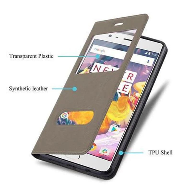 Cadorabo Hülle kompatibel mit OnePlus 3 / 3T Schutzhülle mit Magnetverschluss, Standfunktion und 2 Sichtfenstern