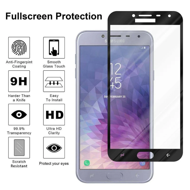 Cadorabo Vollbild Panzer Folie kompatibel mit Samsung Galaxy J4 2018 - Schutzfolie Gehärtetes (Tempered) Display-Schutzglas in 9H Härte mit 3D Touch