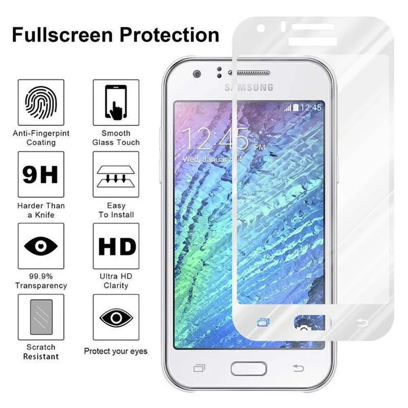 Cadorabo Vollbild Panzer Folie kompatibel mit Samsung Galaxy J1 2015 - Schutzfolie Gehärtetes (Tempered) Display-Schutzglas in 9H Härte mit 3D Touch