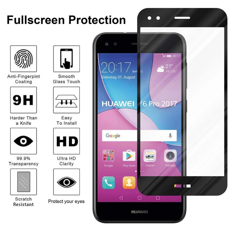 Cadorabo Vollbild Panzer Folie kompatibel mit Huawei Y6 PRO 2017 - Schutzfolie Gehärtetes (Tempered) Display-Schutzglas in 9H Härte mit 3D Touch