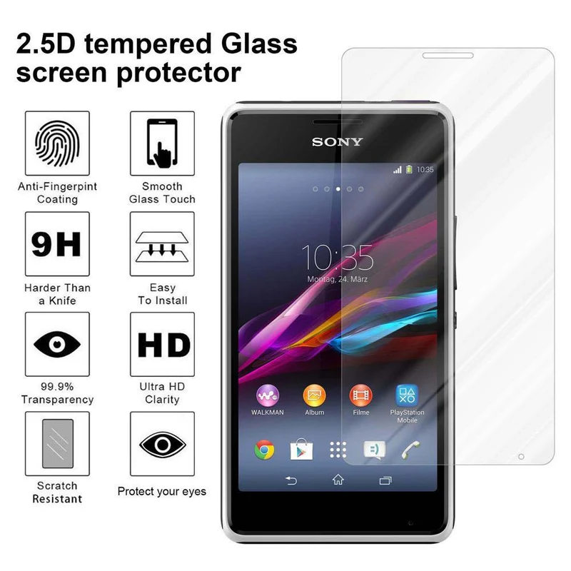 Cadorabo Panzer Folie kompatibel mit Sony Xperia E1 - Schutzfolie Gehärtetes (Tempered) Display-Schutzglas in 9H Härte mit 3D Touch Kompatibilität