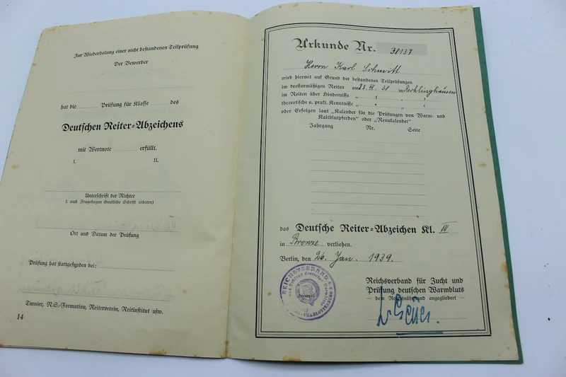 Urkunde „Das Deutsche Reiter-Abzeichen“.