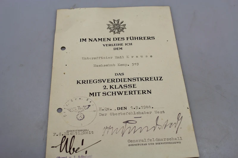 KVK-Urkunde mit Schwertern signiert Karl Rudolf Gerd von Rundstedt