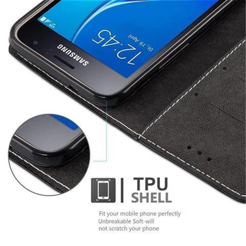 Cadorabo Hülle kompatibel mit Samsung Galaxy J1 2016 Schutzhülle mit Magnetverschluss, Standfunktion und Kartenfach
