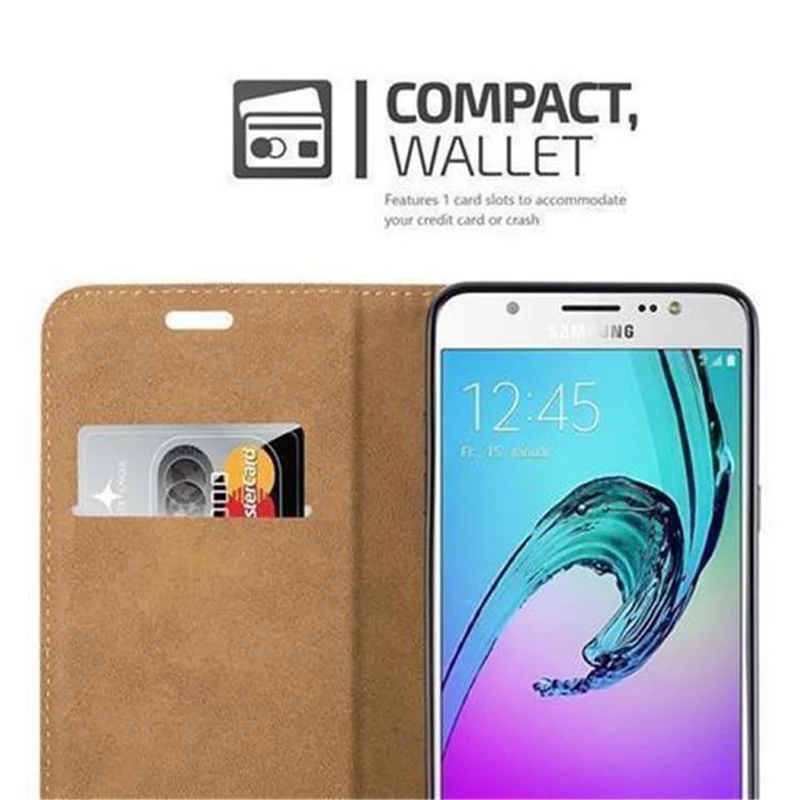 Cadorabo Hülle kompatibel mit Samsung Galaxy J5 2016 Schutzhülle mit Standfunktion und Kartenfach in Bast-Optik