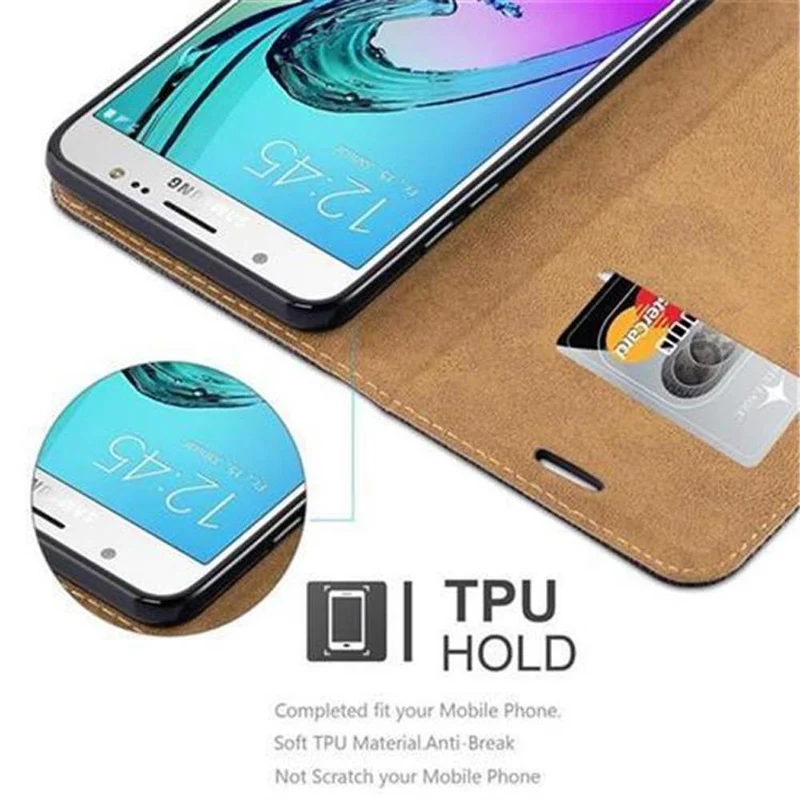 Cadorabo Hülle kompatibel mit Samsung Galaxy J5 2016 Schutzhülle mit Standfunktion und Kartenfach in Bast-Optik