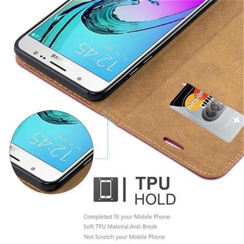 Cadorabo Hülle kompatibel mit Samsung Galaxy J5 2016 Schutzhülle mit Standfunktion und Kartenfach in Bast-Optik
