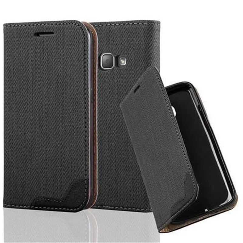 Cadorabo Hülle kompatibel mit Samsung Galaxy J1 2016 Schutzhülle mit Standfunktion und Kartenfach in Bast-Optik