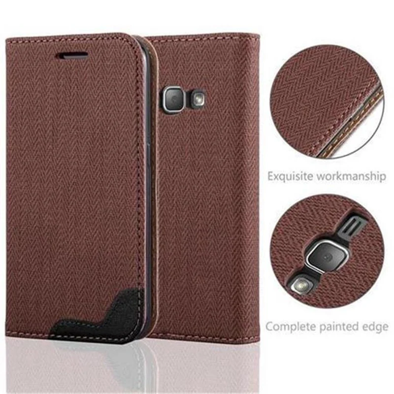 Cadorabo Hülle kompatibel mit Samsung Galaxy J1 2016 Schutzhülle mit Standfunktion und Kartenfach in Bast-Optik
