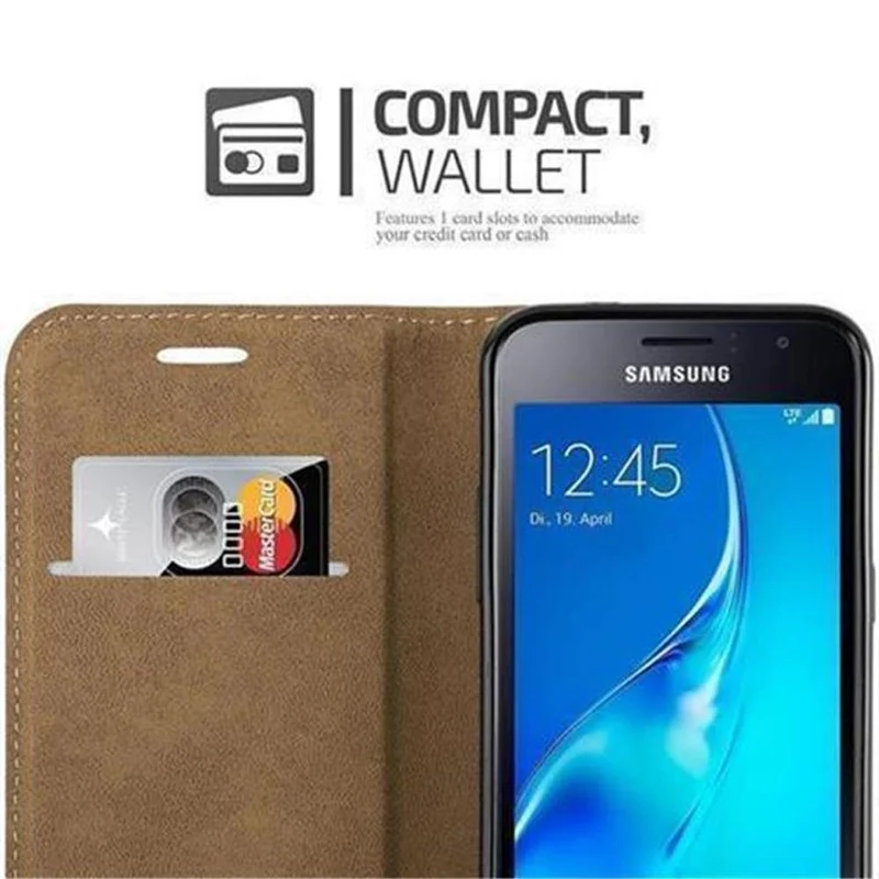 Cadorabo Hülle kompatibel mit Samsung Galaxy J1 2016 Schutzhülle mit Standfunktion und Kartenfach in Bast-Optik