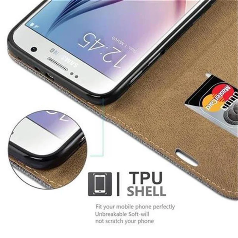 Cadorabo Hülle kompatibel mit Samsung Galaxy S6 Schutzhülle mit Standfunktion und Kartenfach in Bast-Optik