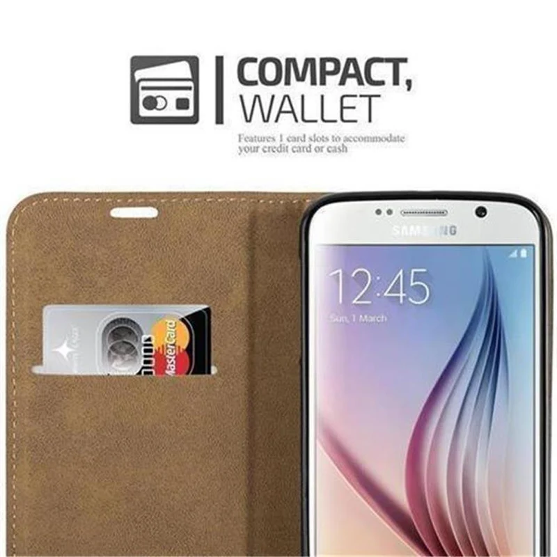 Cadorabo Hülle kompatibel mit Samsung Galaxy S6 Schutzhülle mit Standfunktion und Kartenfach in Bast-Optik
