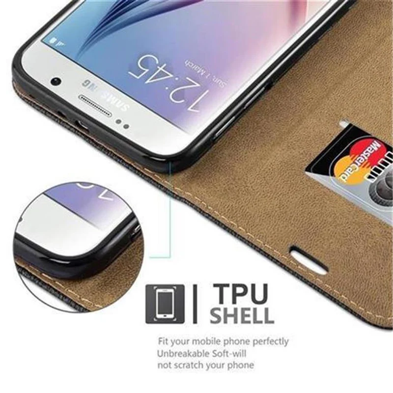 Cadorabo Hülle kompatibel mit Samsung Galaxy S6 Schutzhülle mit Standfunktion und Kartenfach in Bast-Optik