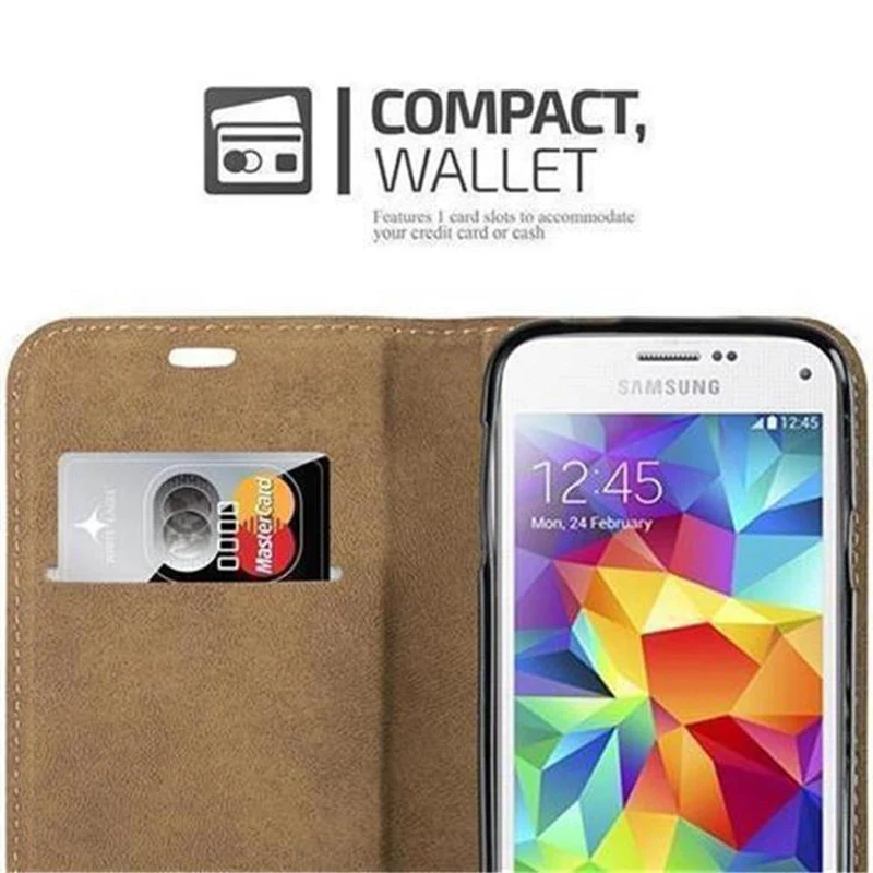 Cadorabo Hülle kompatibel mit Samsung Galaxy S5 MINI / S5 MINI DUOS Schutzhülle mit Standfunktion und Kartenfach in Bast-Optik