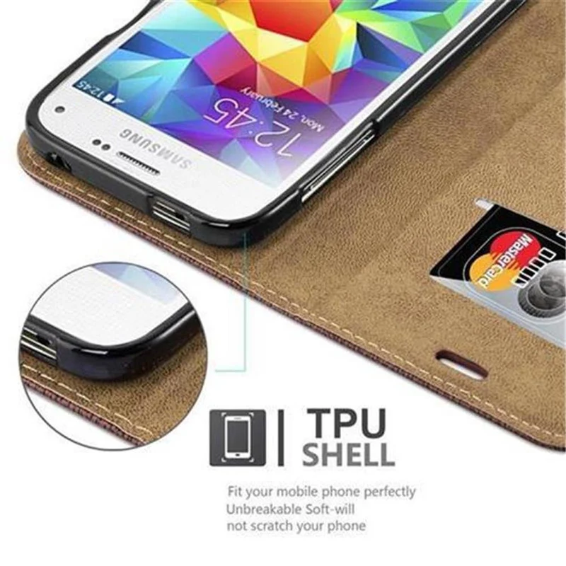 Cadorabo Hülle kompatibel mit Samsung Galaxy S5 MINI / S5 MINI DUOS Schutzhülle mit Standfunktion und Kartenfach in Bast-Optik