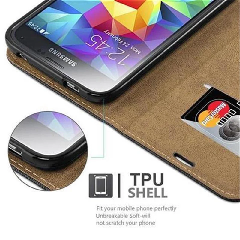 Cadorabo Hülle kompatibel mit Samsung Galaxy S5 / S5 NEO Schutzhülle mit Standfunktion und Kartenfach in Bast-Optik
