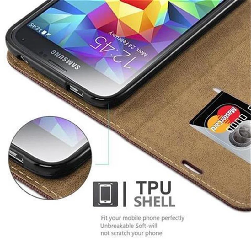 Cadorabo Hülle kompatibel mit Samsung Galaxy S5 / S5 NEO Schutzhülle mit Standfunktion und Kartenfach in Bast-Optik