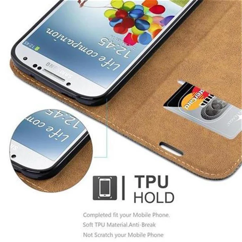 Cadorabo Hülle kompatibel mit Samsung Galaxy S4 Schutzhülle mit Standfunktion und Kartenfach in Bast-Optik